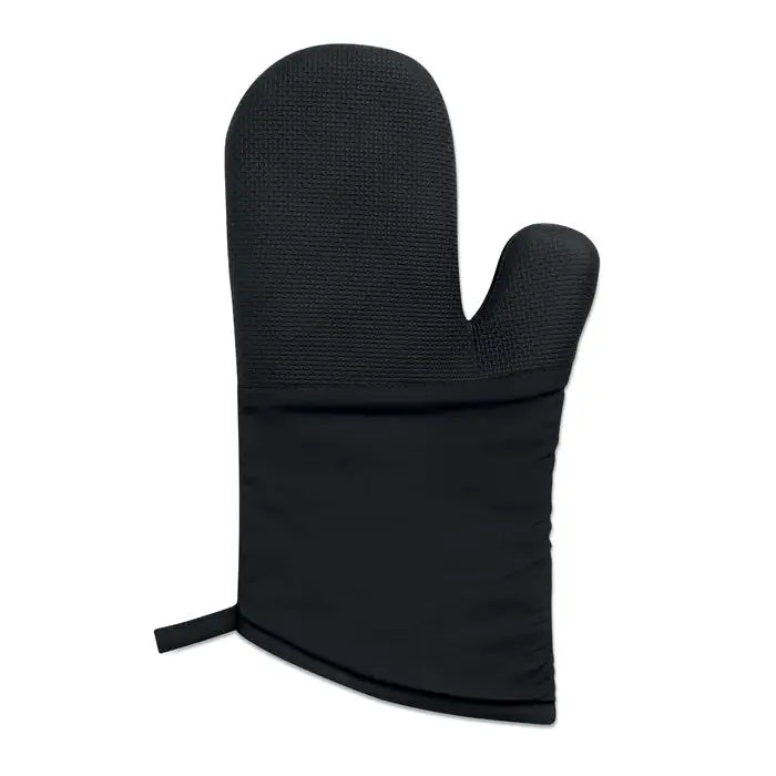 Manusa de cuptor din bumbac neagra cu sectiune superioara tesuta si bretea neteda pentru protectie termica