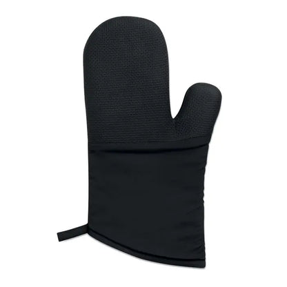 Manusa de cuptor din bumbac neagra cu sectiune superioara tesuta si bretea neteda pentru protectie termica