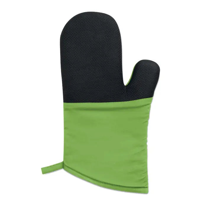 Manusa de cuptor din bumbac negru si verde lime cu sectiune superioara texturata si portelan neted