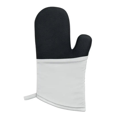 Manusa de cuptor din bumbac alb negru cu prindere texturata pe partea palmii pentru protectie termica sigura