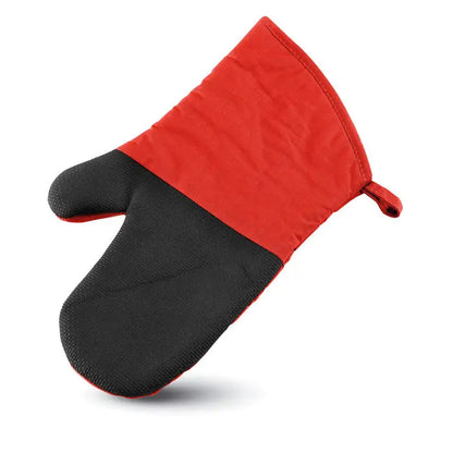 Manusa de cuptor din bumbac rosie si neagra cu design matlasat si bucla din material la incheietura
