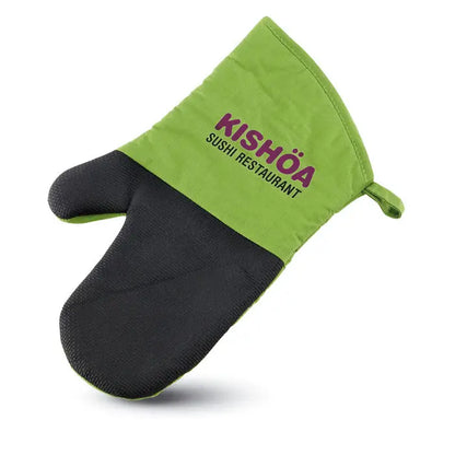 Manusa de cuptor din bumbac verde si negru cu text kishōa sushi restaurant imprimat in mov pe partea verde