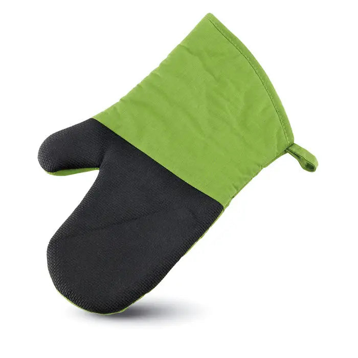 Manusa de cuptor din bumbac verde si neagra cu prindere texturata pe palma pentru protectie termica