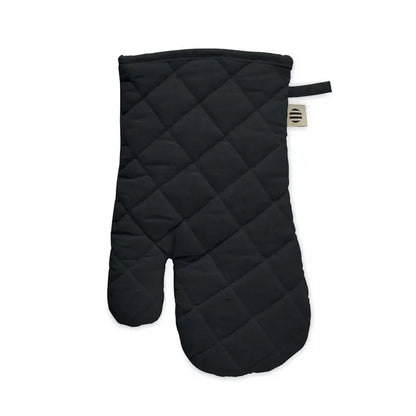 Manusa de cuptor din bumbac organic neagra, matlasata cu model diamant, cu eticheta mica pe bretele