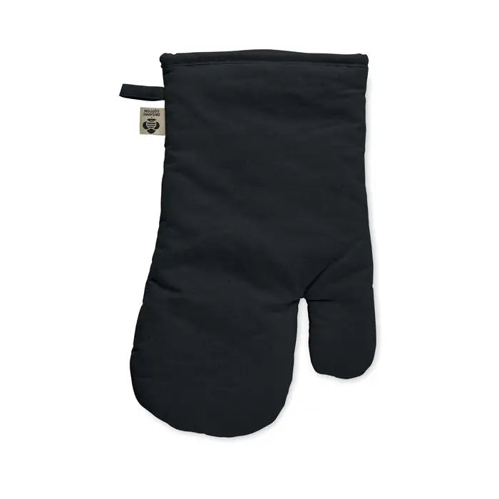 Manusa de cuptor din bumbac organic negru cu eticheta mica din material textil la incheietura