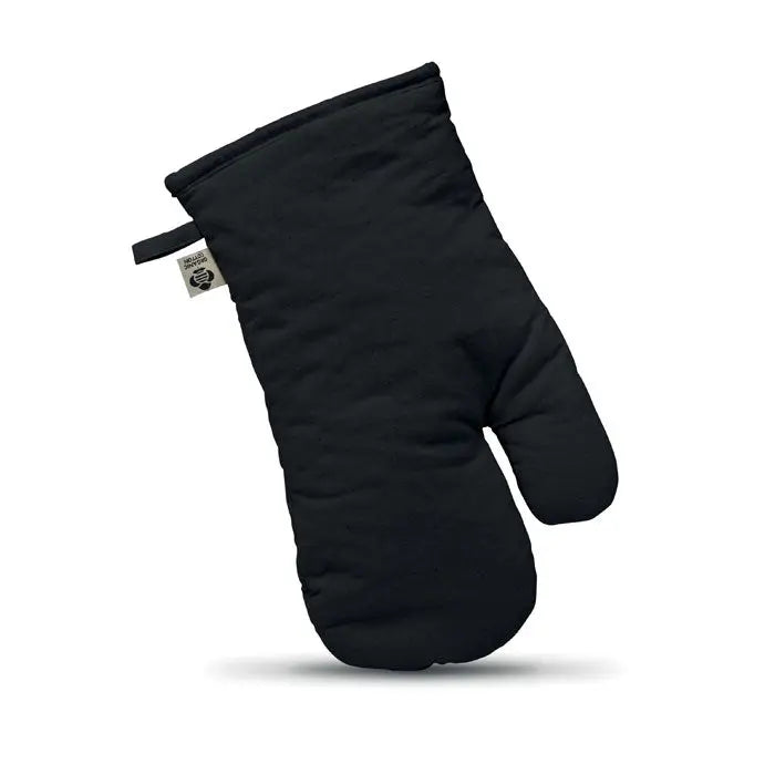 Manusa de cuptor neagra matlasata din bumbac organic cu eticheta mica la incheietura pentru protectie termica
