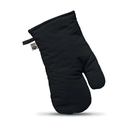Manusa de cuptor neagra matlasata din bumbac organic cu eticheta mica la incheietura pentru protectie termica