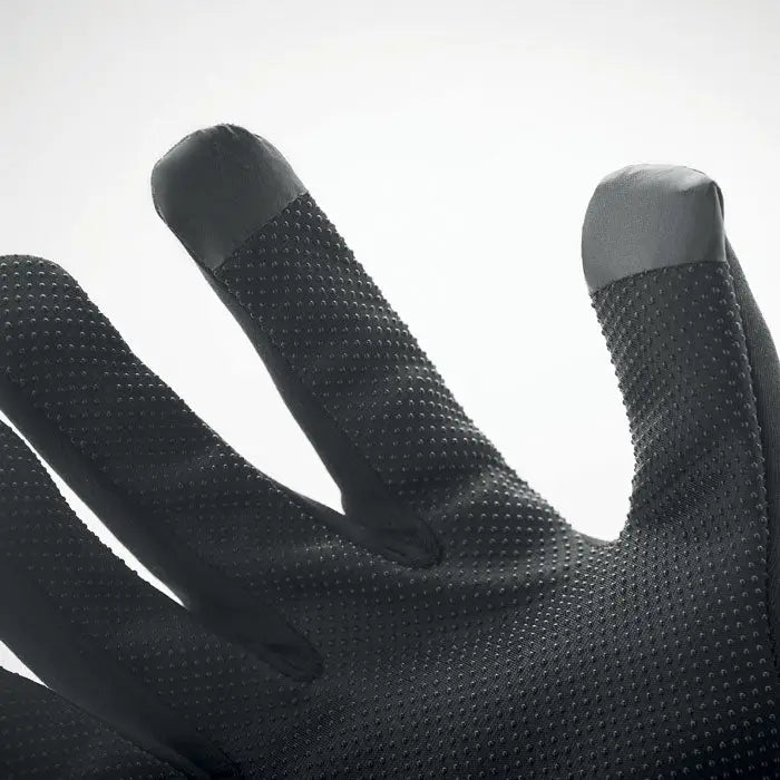 Manusi sport tactile negre cu touchscreen, varfuri texturate punctate si palma neteda pentru sport si utilizare tactila