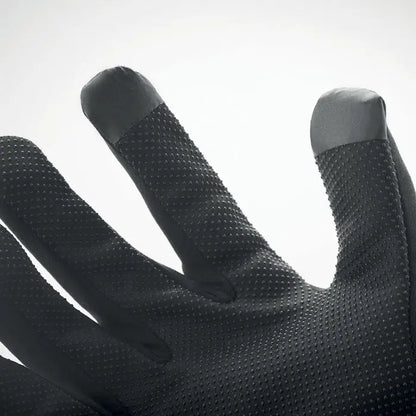 Manusi sport tactile negre cu touchscreen, varfuri texturate punctate si palma neteda pentru sport si utilizare tactila