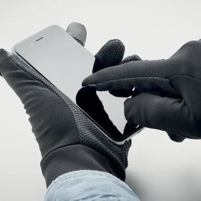Manusi sport tactile negre cu degete tactile texturate si panouri mesh pentru aderenta pe partea din spate