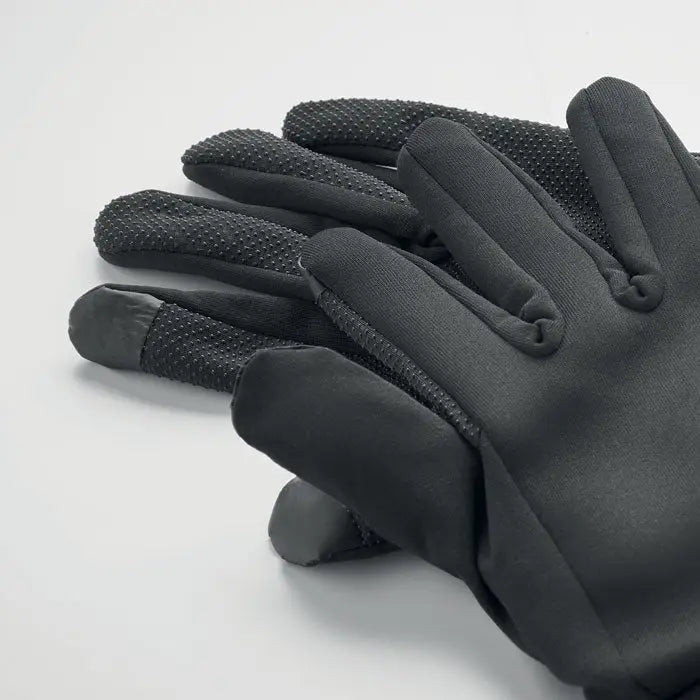 Manusi sport tactile negre cu touchscreen, varfuri texturate si material moale si flexibil pentru sport