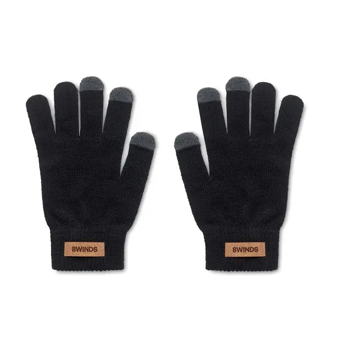Manusi tactile rpet negre din lana cu varful degetelor gri si eticheta maro 8winds la incheietura vazute din spate
