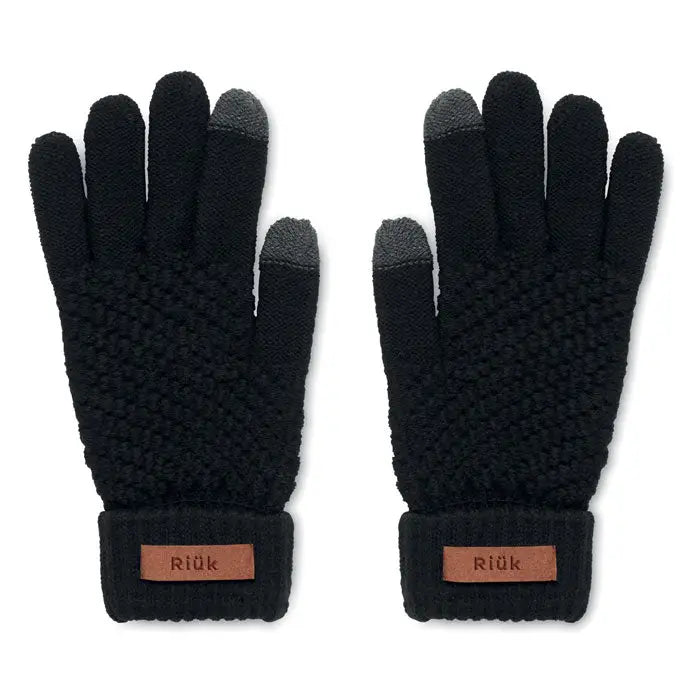 Manusi tactile rpet negre din lana cu degete gri tactile si eticheta maro din piele pe partea din spate