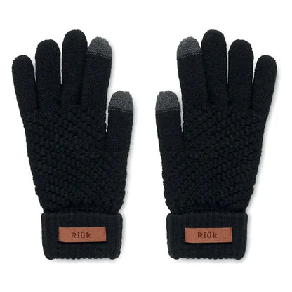 Manusi tactile rpet negre din lana cu degete gri tactile si eticheta maro din piele pe partea din spate