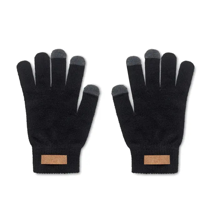 Manusi tactile rpet negre din tricot cu varfuri gri touchscreen si patch maro din piele pe incheietura vazute din spate