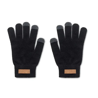 Manusi tactile rpet negre din tricot cu varfuri gri touchscreen si patch maro din piele pe incheietura vazute din spate