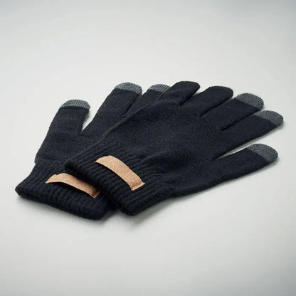Manusi tactile RPET negre din tricot cu varfuri gri tactile și accente din piele maro la încheietură văzute din spate