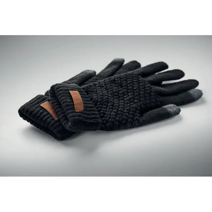Manusi tactile Rpet negre din tricot cu accente maro din piele pe incheietura pentru ecrane tactile