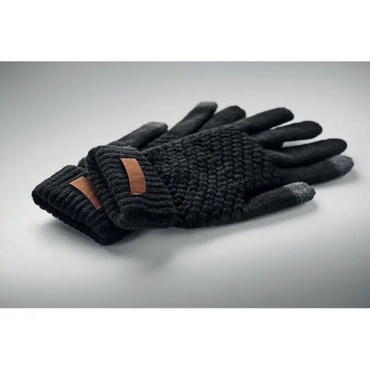 Manusi tactile Rpet negre din tricot cu accente maro din piele pe incheietura pentru ecrane tactile