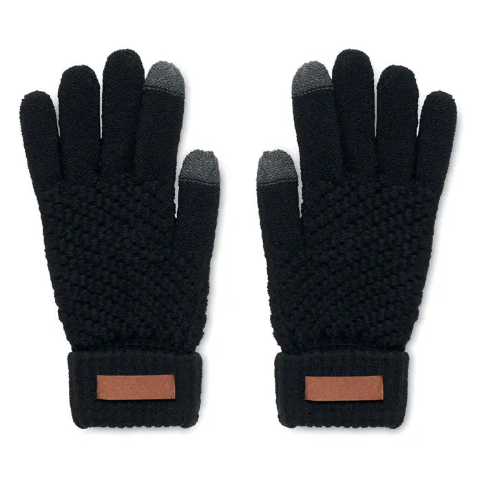 Manusi tactile rpet negre din tricot cu varfuri gri pentru touchscreen si accente maro din piele la incheietura, vedere din spate