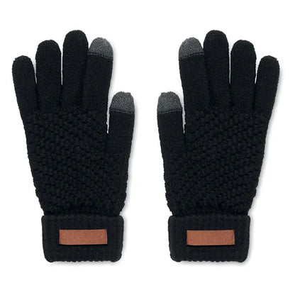 Manusi tactile rpet negre din tricot cu varfuri gri pentru touchscreen si accente maro din piele la incheietura, vedere din spate