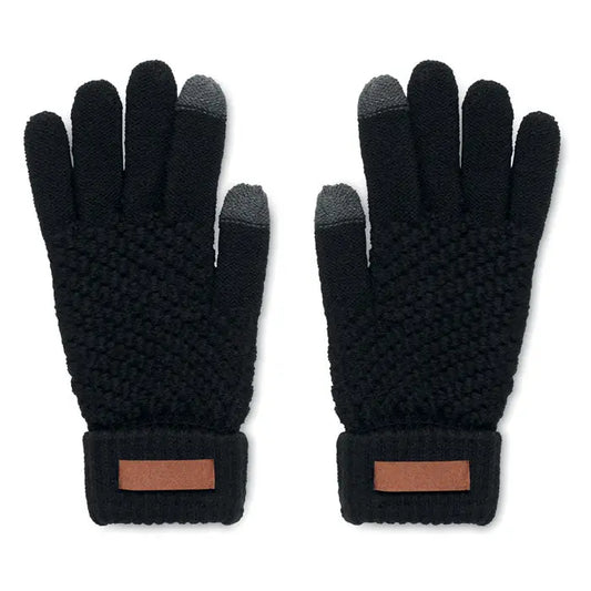 Manusi tactile rpet negre din tricot cu varfuri gri pentru touchscreen si accente maro din piele la incheietura, vedere din spate