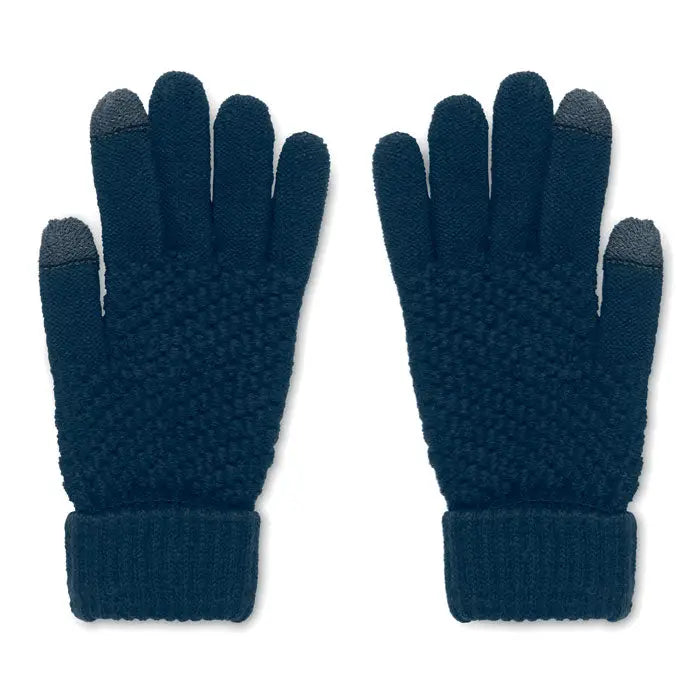 Manusi tactile rpet bleumarin din lana cu degete tactile texturate si mansete striate