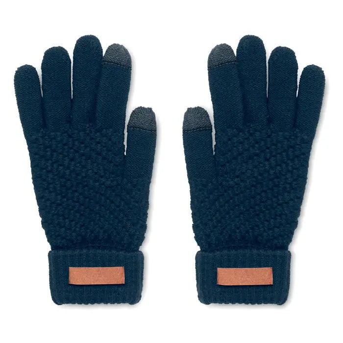 Manusi tactile rpet din lana groasa albastru inchis cu varfuri deget gri si accente din piele maro la incheietura