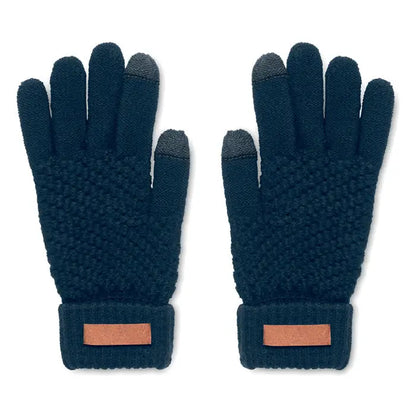 Manusi tactile rpet din lana groasa albastru inchis cu varfuri deget gri si accente din piele maro la incheietura