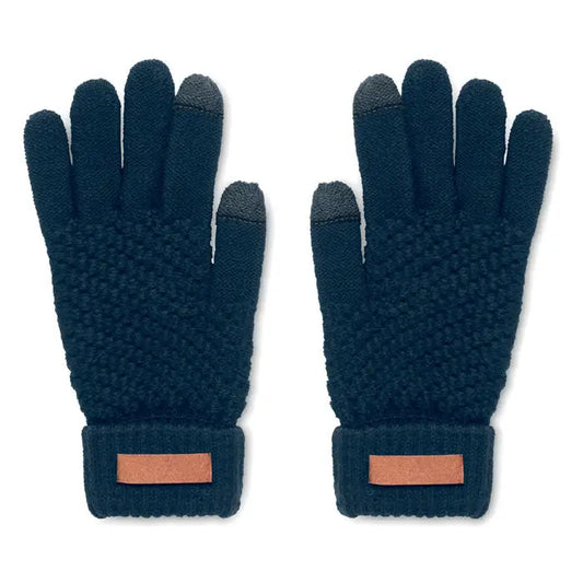 Manusi tactile rpet din lana groasa albastru inchis cu varfuri deget gri si accente din piele maro la incheietura