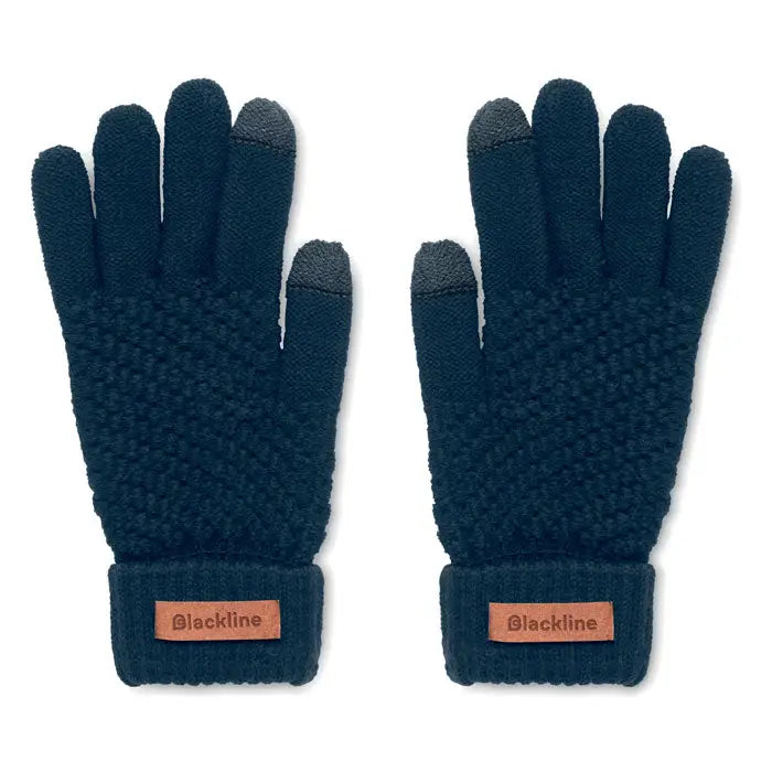 Manusi tactile rpet bleumarin din tricot cu varfuri texturate si eticheta maro din piele pe partea din spate