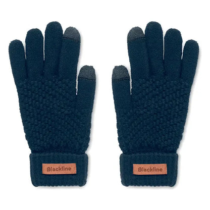 Manusi tactile rpet bleumarin din tricot cu varfuri texturate si eticheta maro din piele pe partea din spate