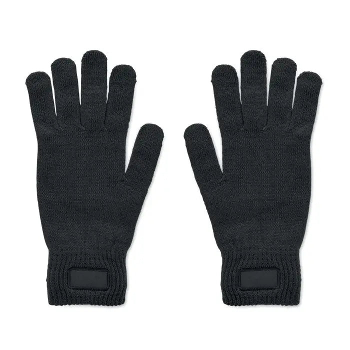 Manusi tricotate din rpet negre cu touchscreen si maneca striata, vedere din spate cu patch dreptunghiular la incheietura
