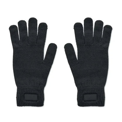 Manusi tricotate din rpet negre cu touchscreen si maneca striata, vedere din spate cu patch dreptunghiular la incheietura