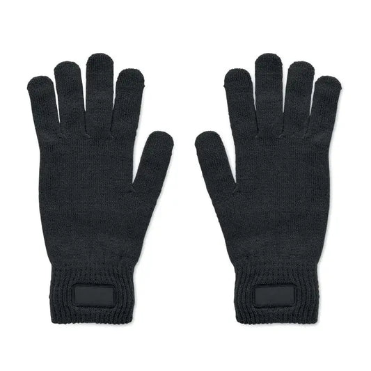 Manusi tricotate din rpet negre cu touchscreen si maneca striata, vedere din spate cu patch dreptunghiular la incheietura