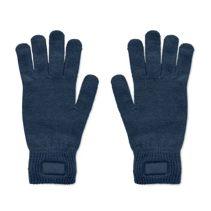 Manusi tricotate din rpet navy blue cu touchscreen si mansete dantelate vazute de la spate
