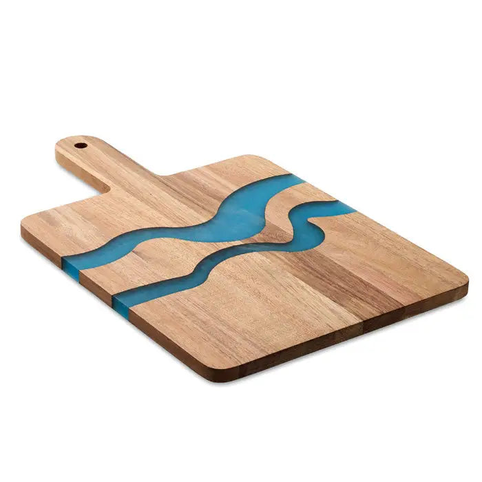 Masa de servire din lemn de salcam dreptunghiulara cu finisaj natural si design rasina turcoaz integrat