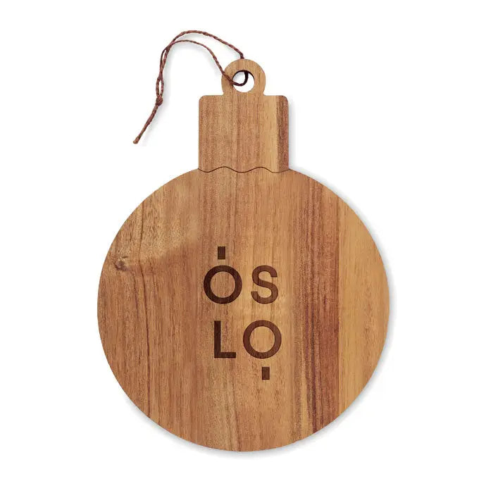 Masă de servire din lemn de salcâm cu ornament de crăciun maro deschis gravat cu logo oslo și finisaj natural de lemn