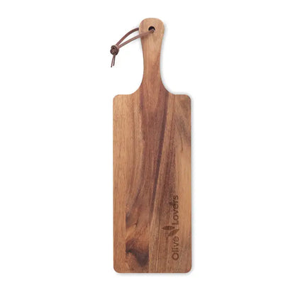 Masa de servire din lemn de salcam cu finisaj natural si logo gravat olive lovers cu maner din piele