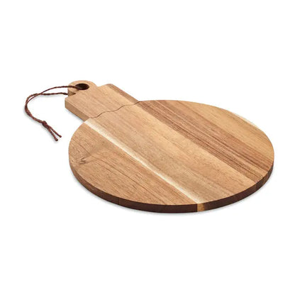 Masa de servire din lemn de salcam cu tocator rotund finisaj natural si maner din sfoara maro inchis