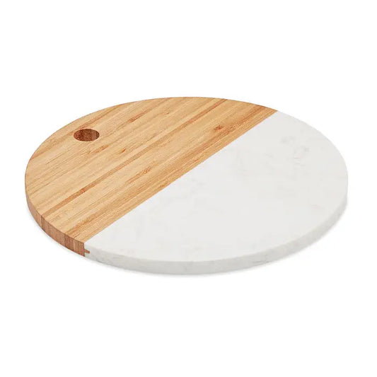 Masa de servire rotunda din marmura alba si lemn natural cu gaura pentru agatat