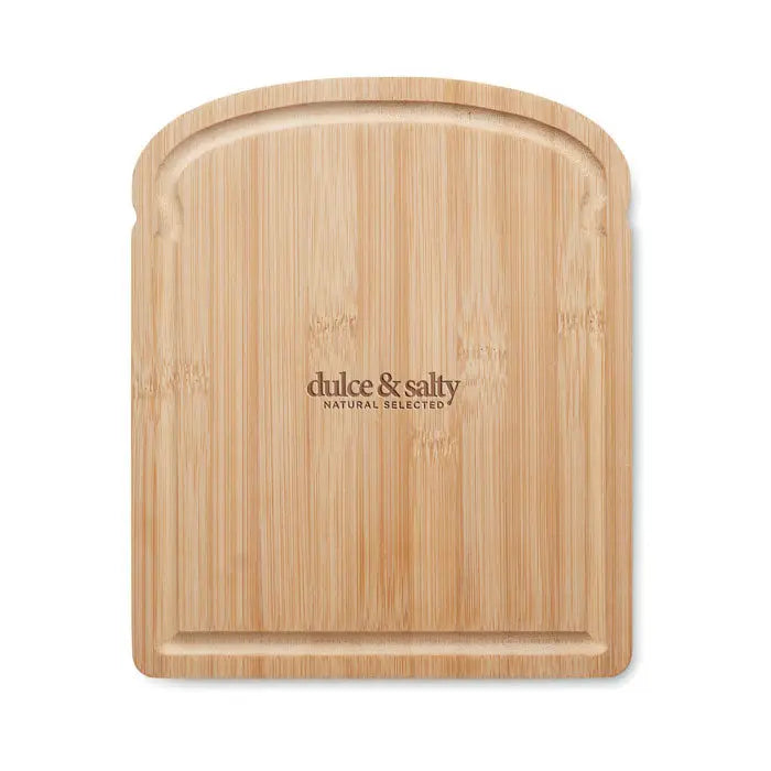 Masa de taiat paine din bambus maro deschis cu model subtil si logo dulce salty natural gravat central