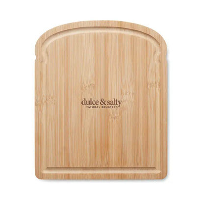 Masa de taiat paine din bambus maro deschis cu model subtil si logo dulce salty natural gravat central