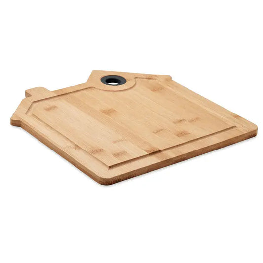 Masa de taiere din bambus de culoare maro deschis cu maner circular negru si margini ridicate