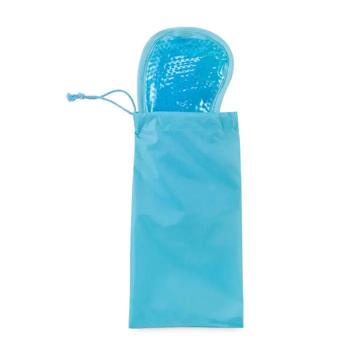 Masca de ochi cu racire reversibila albastra translucida din gel cu suprafata texturata in sac depozitare cu snur albastru deschis