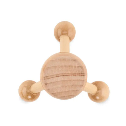 Maser de mana din lemn deschis la culoare cu disc rotund central si trei capete sferice pentru masaj