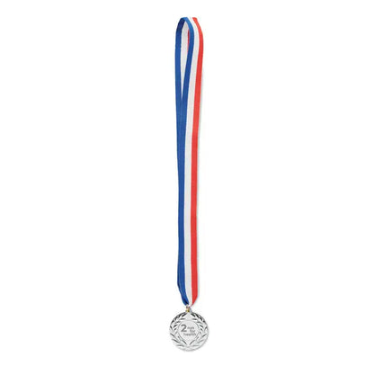 Medalie argintie de 5 cm diametru cu gravura 2 run for health si decor cu frunze de laur, agatata pe panglica tricolora
