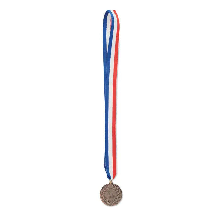 Medalie bronz circulara cu design de cununa de lauri suspendata pe panglica rosie alba albastra diametru 5 cm