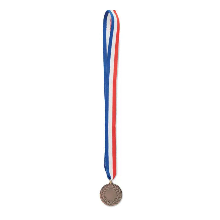 Medalie bronz circulara cu design de frunza de laur suspendata pe o panglica rosie alba si albastra de 5 cm diametru