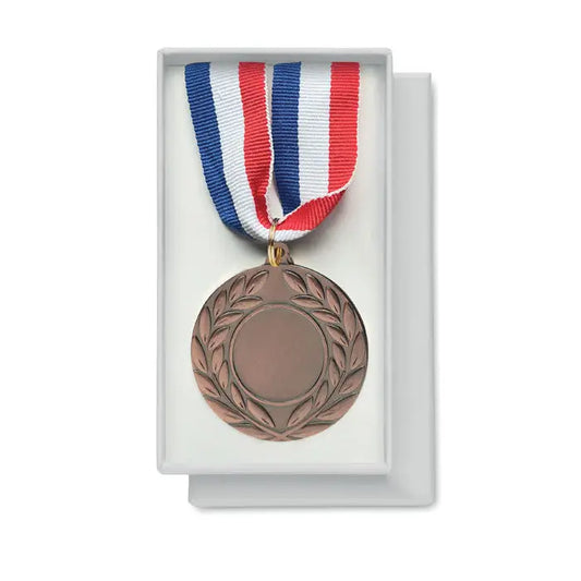 Medalie rotunda bronz 5 cm diametru cu design gravat de frunze de laur suspendata pe panglica tricolora